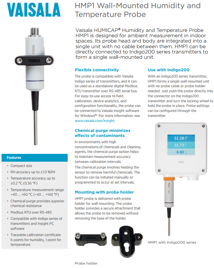 Vaisala Humidity and Temperature Probe HMP1 for wall mounting
